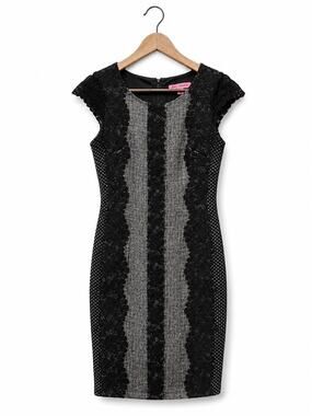 Betsey Johnson Black Silver Lace Sheath Dress Metallic Cocktail Party Y2K Sz 8